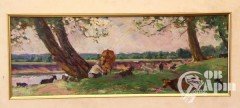 Акварель " Стадо у реки "